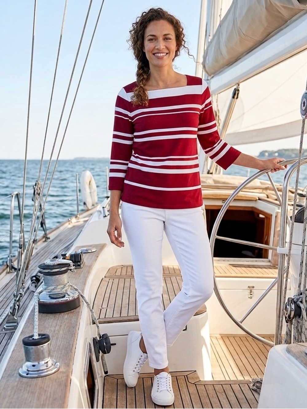 Chaps Women’s Red and White Striped Square Neck Knit Top 1X